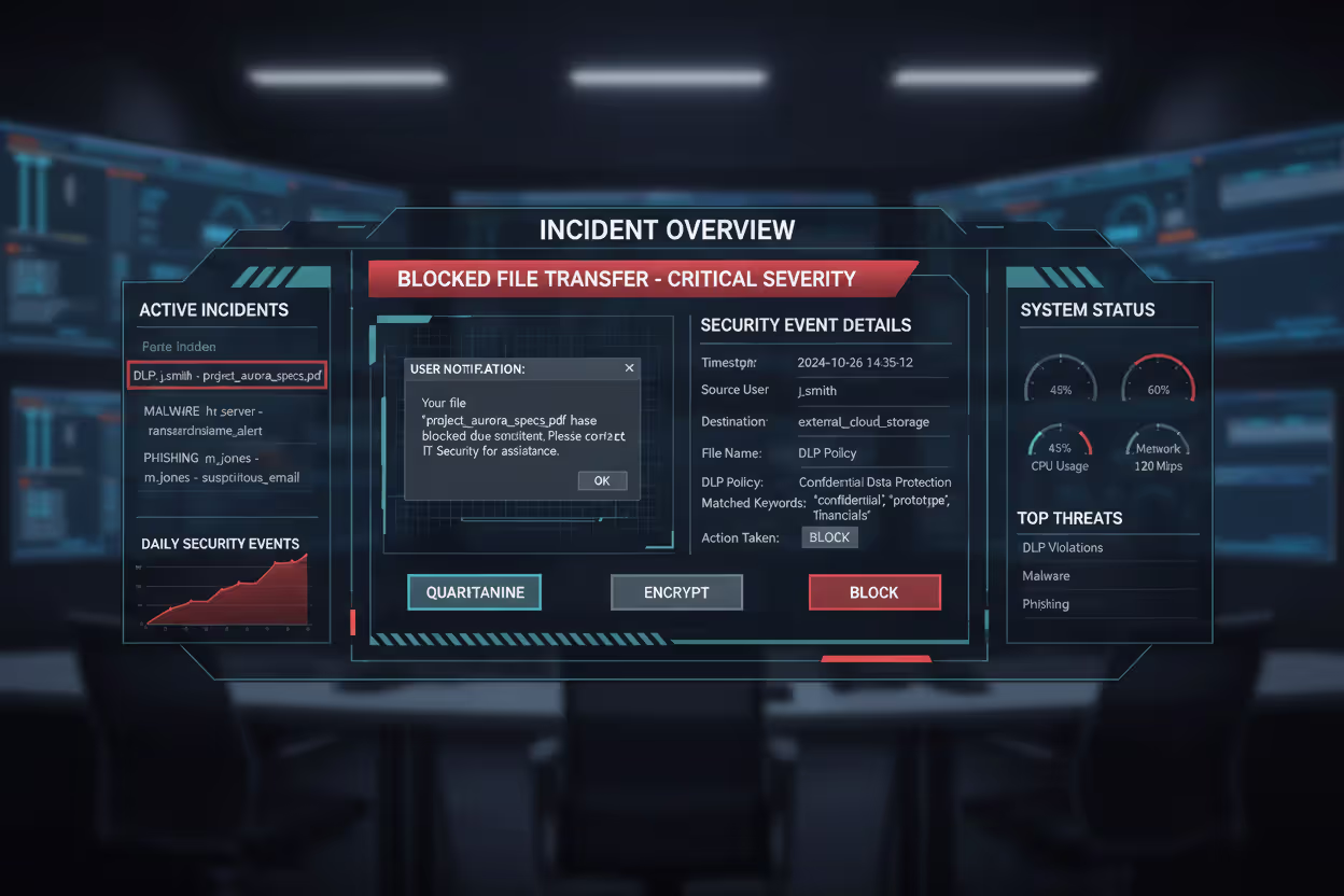 DLP incident response dashboard showing blocked transfer and alert