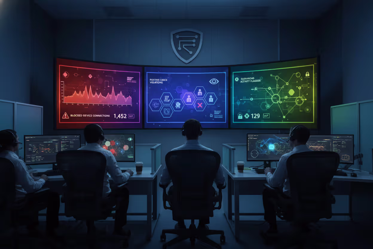 Security operations team monitoring blocked device access attempts