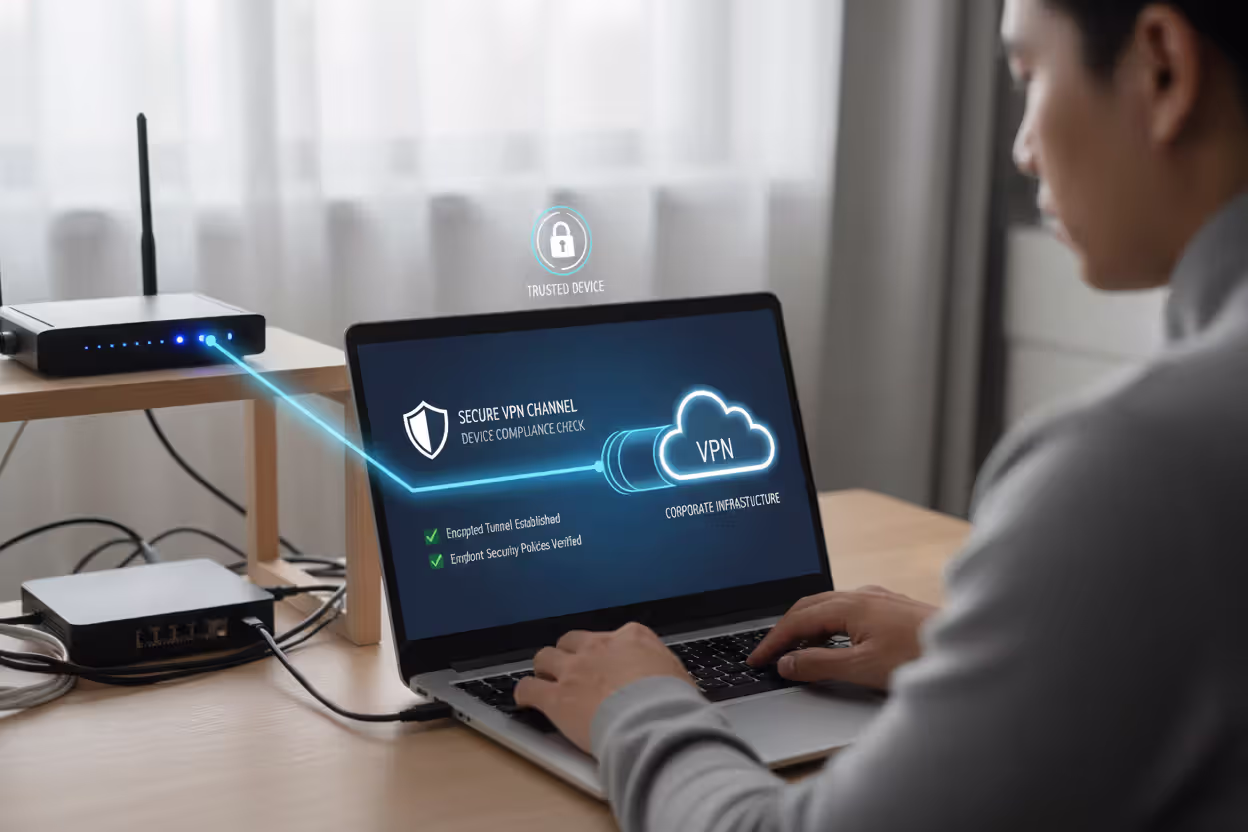 Remote employee laptop connecting securely to corporate network through VPN
