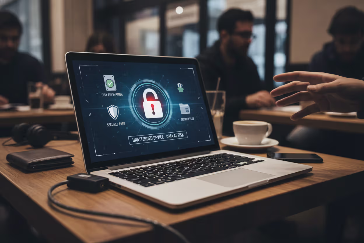 Encrypted laptop in a public place with data protection concept