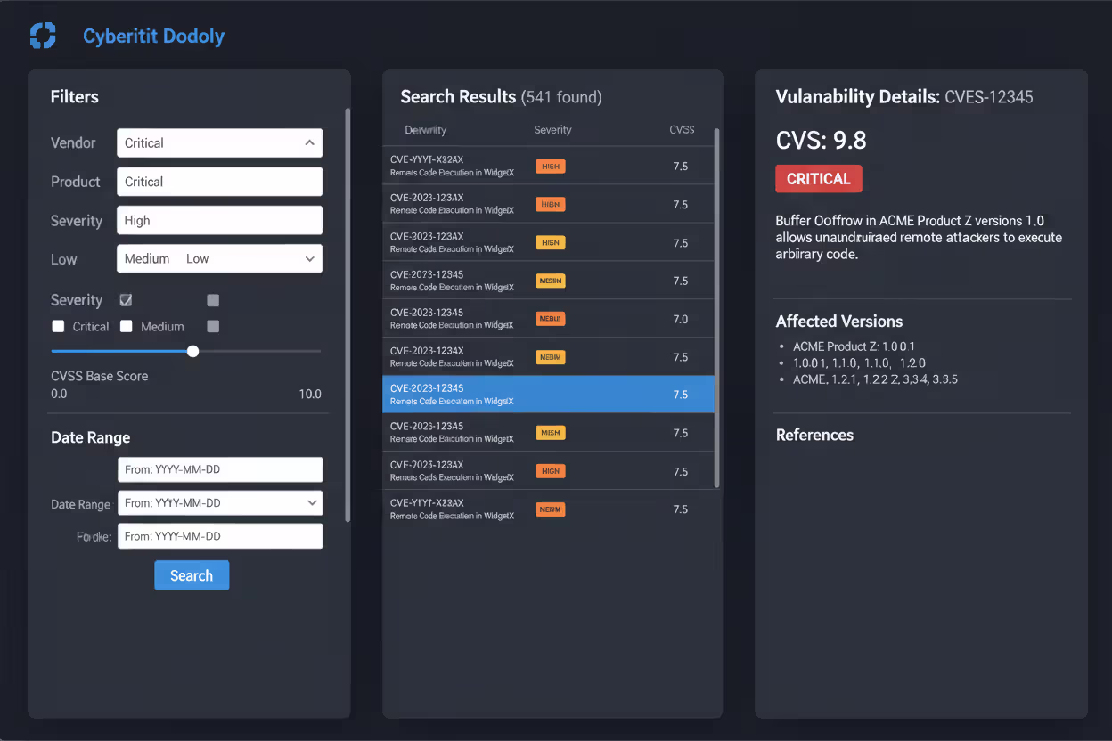 Vulnerability database search interface with CVE filters and severity results
