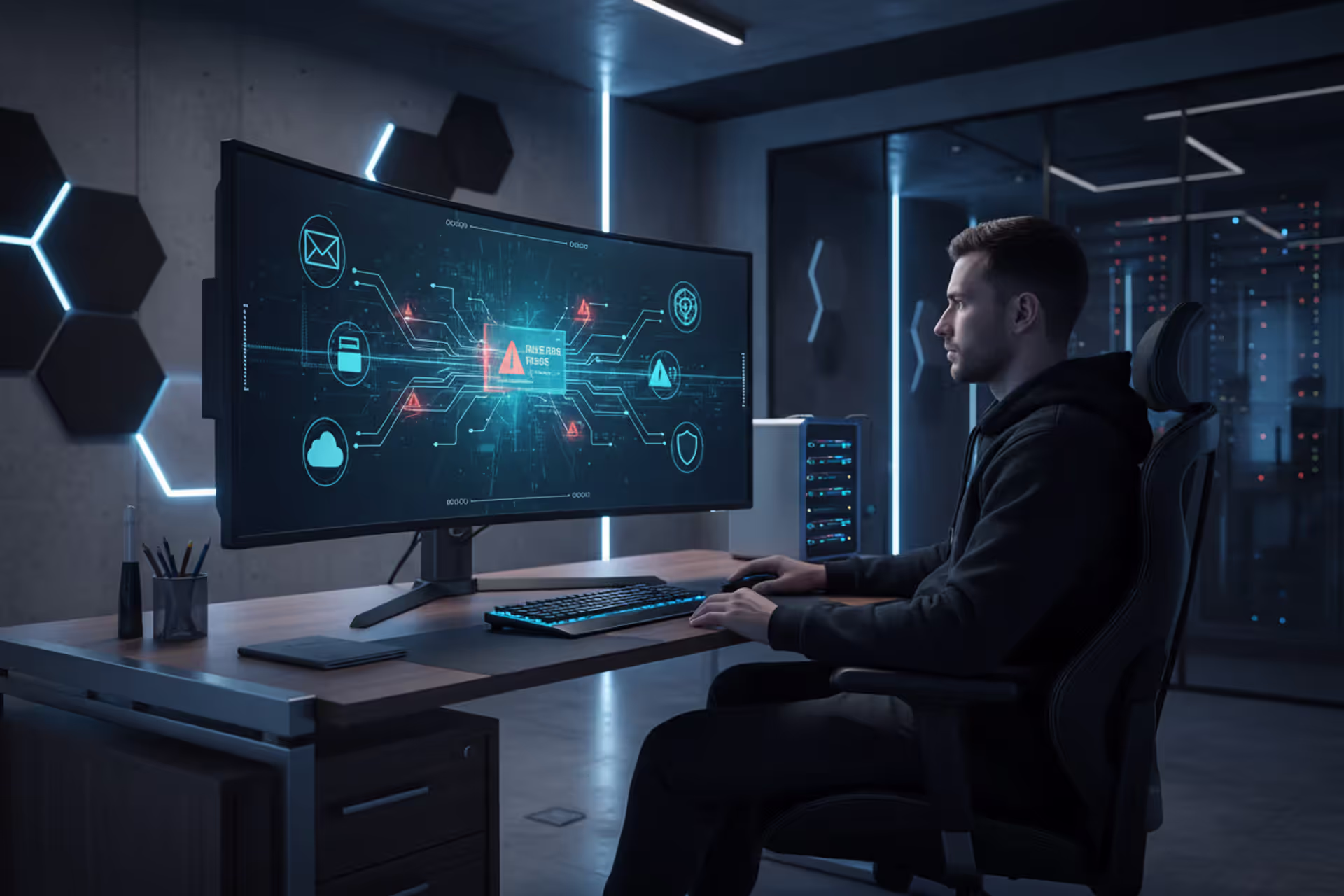 Cybersecurity analyst monitoring data loss prevention dashboard in modern office