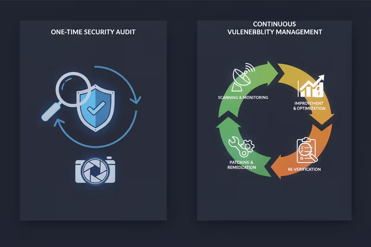 Comparison between one-time vulnerability assessment and continuous vulnerability management