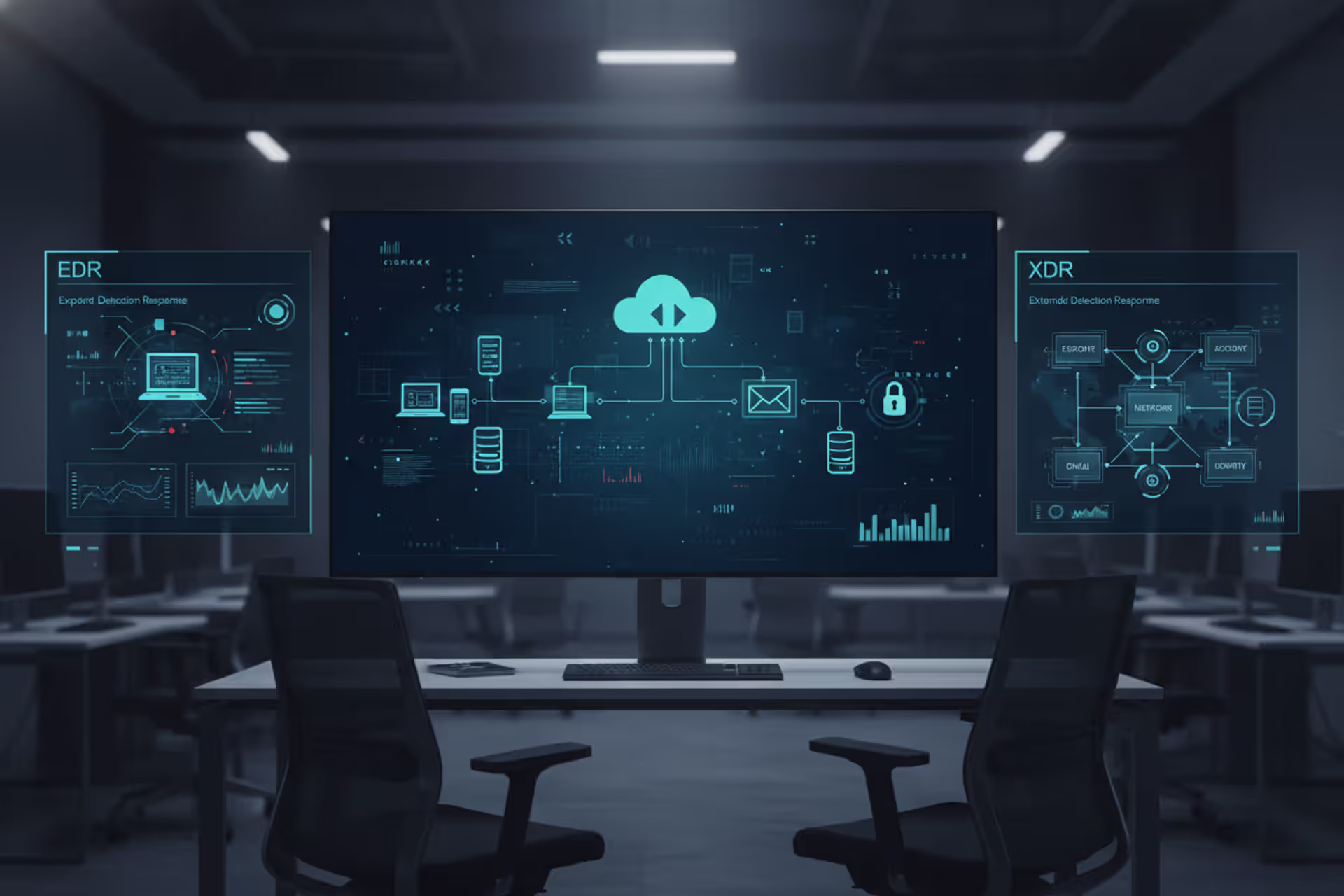 Cybersecurity dashboard comparing EDR and XDR across enterprise infrastructure