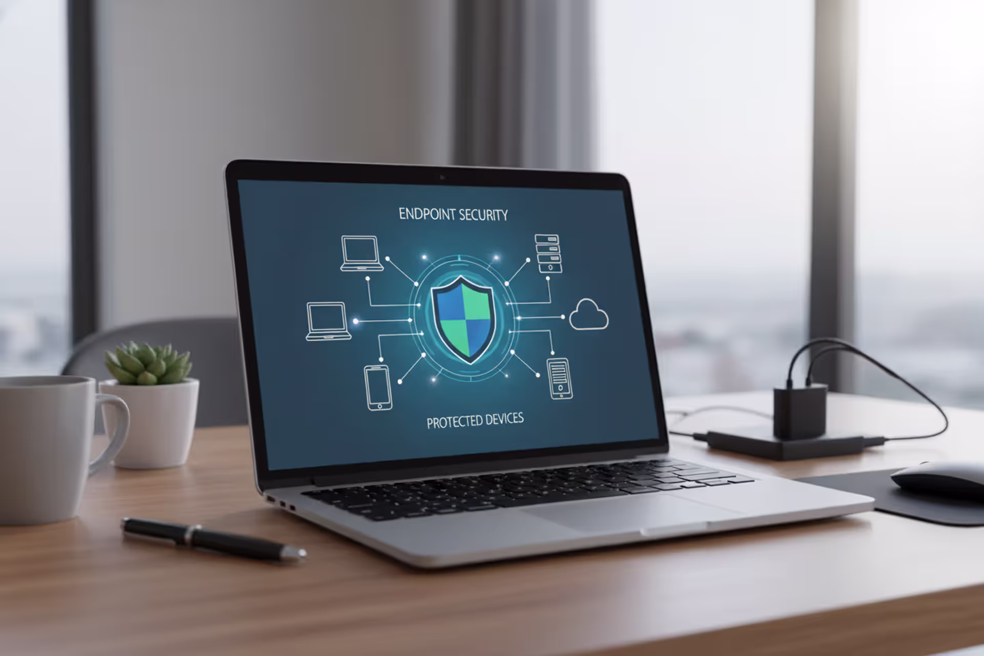 Endpoint malware protection concept on laptop screen with secured business devices