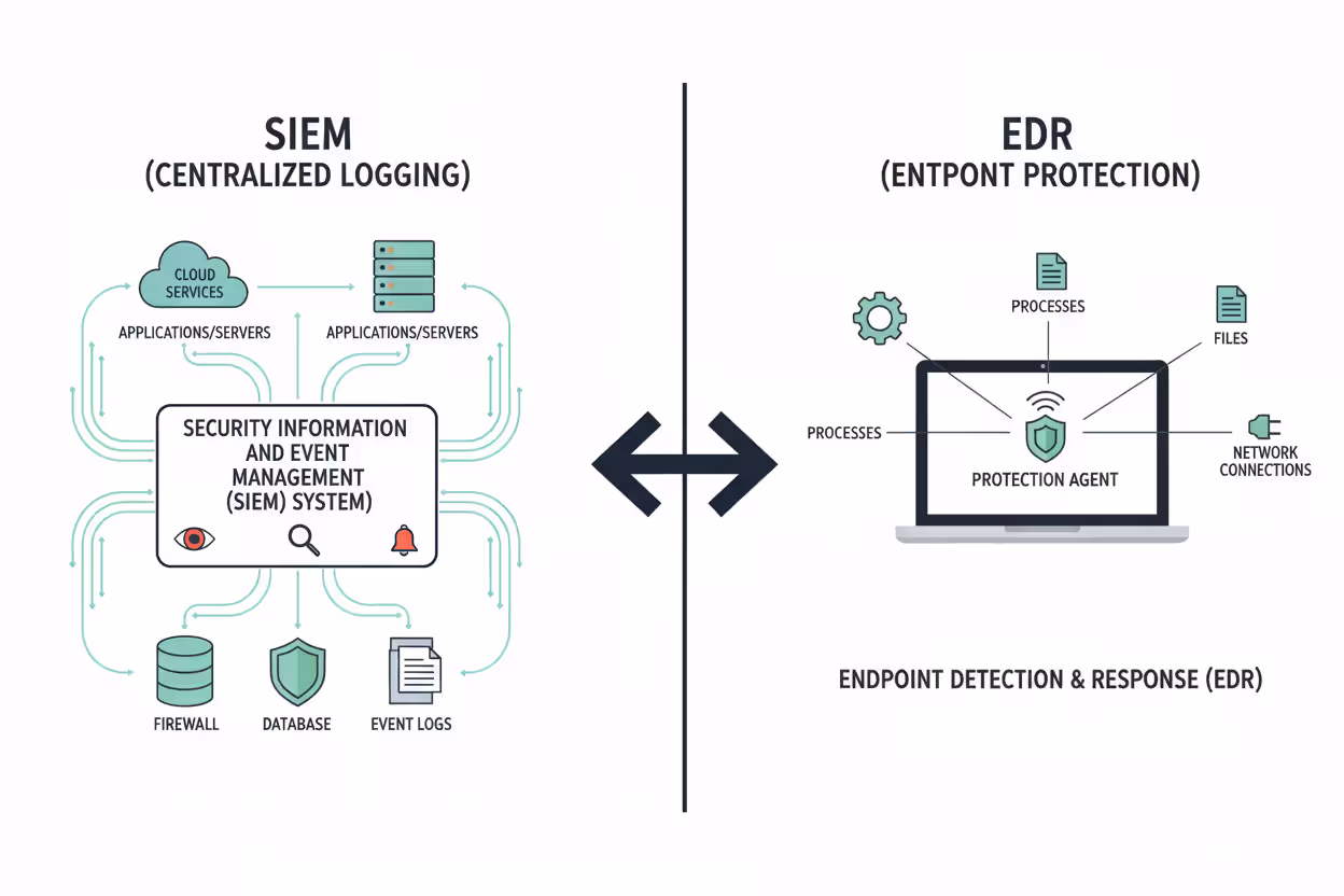 Diagram showing SIEM infrastructure visibility and EDR endpoint monitoring