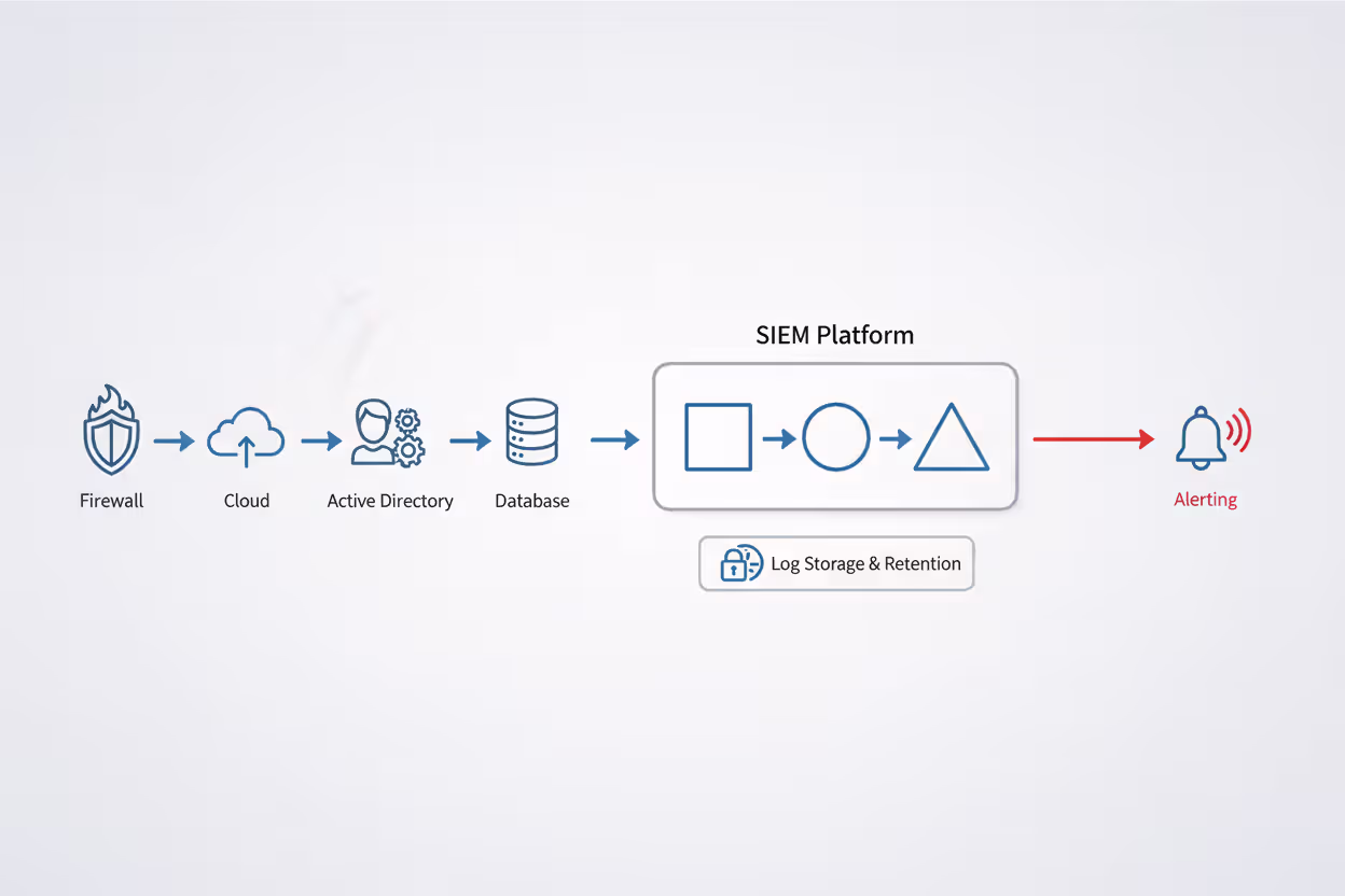 SIEM architecture with multiple log sources feeding a central platform