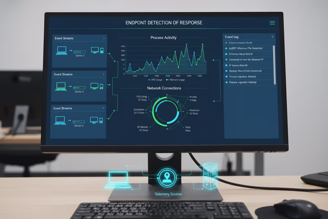 EDR dashboard collecting endpoint telemetry from multiple devices