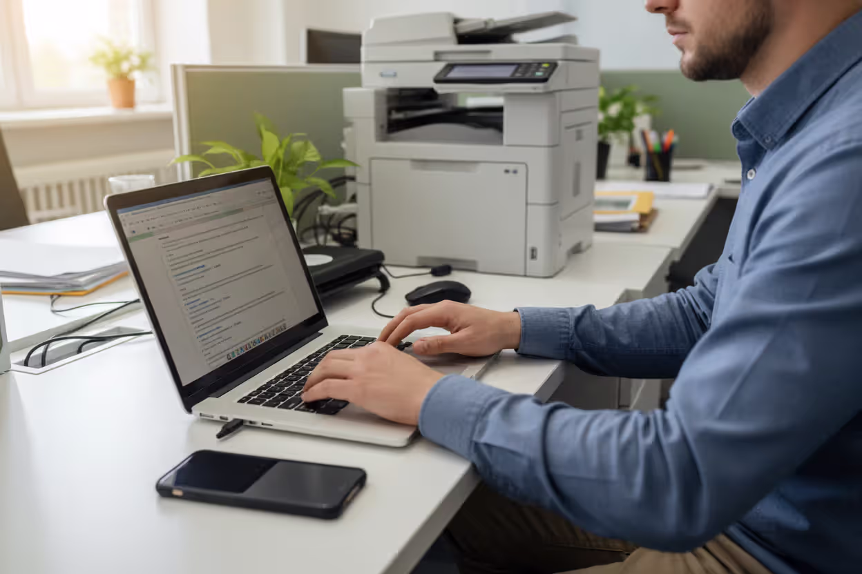 Office worker using laptop, phone, and printer as endpoint devices