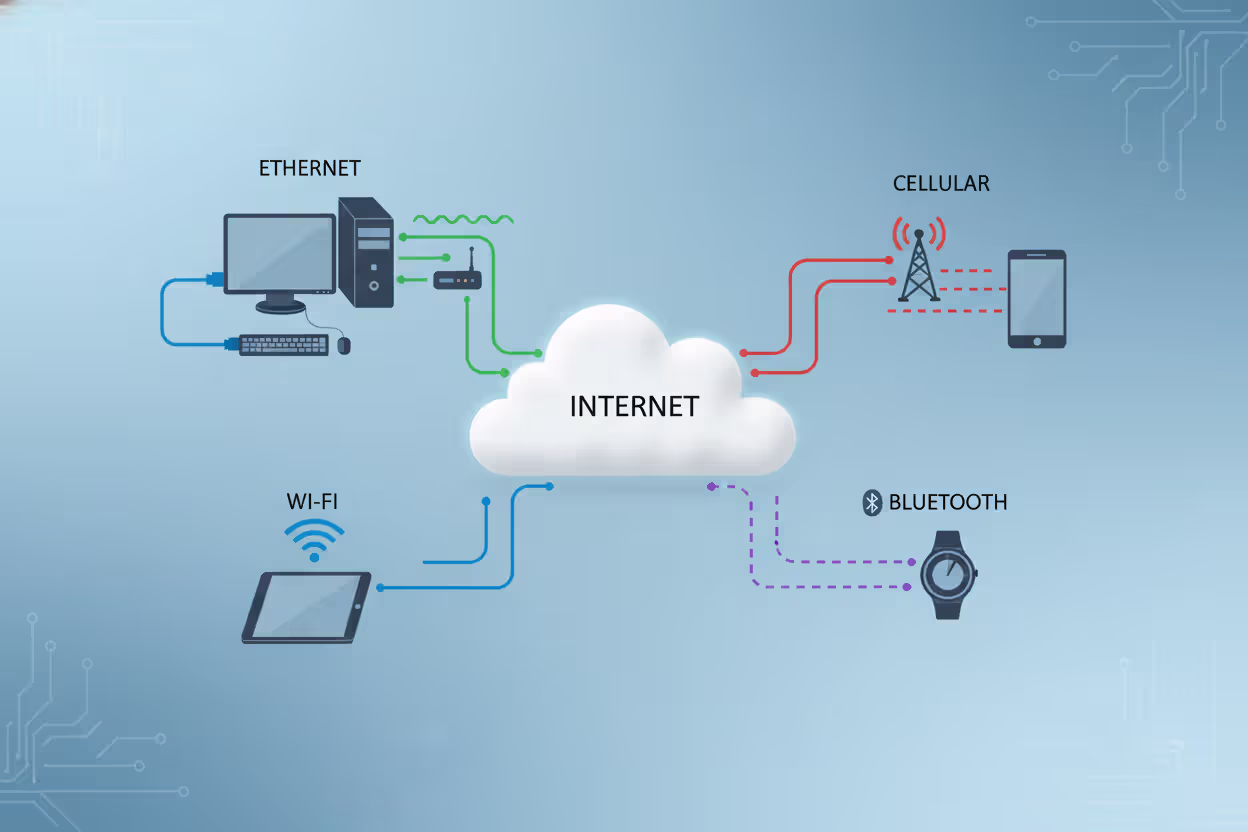 Different endpoint devices connecting through Ethernet, Wi-Fi, cellular, and Bluetooth