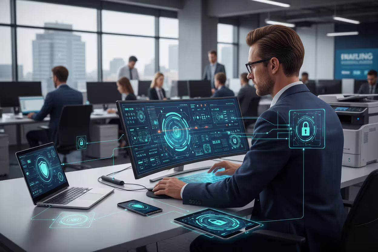 IT administrator monitoring and managing endpoint security