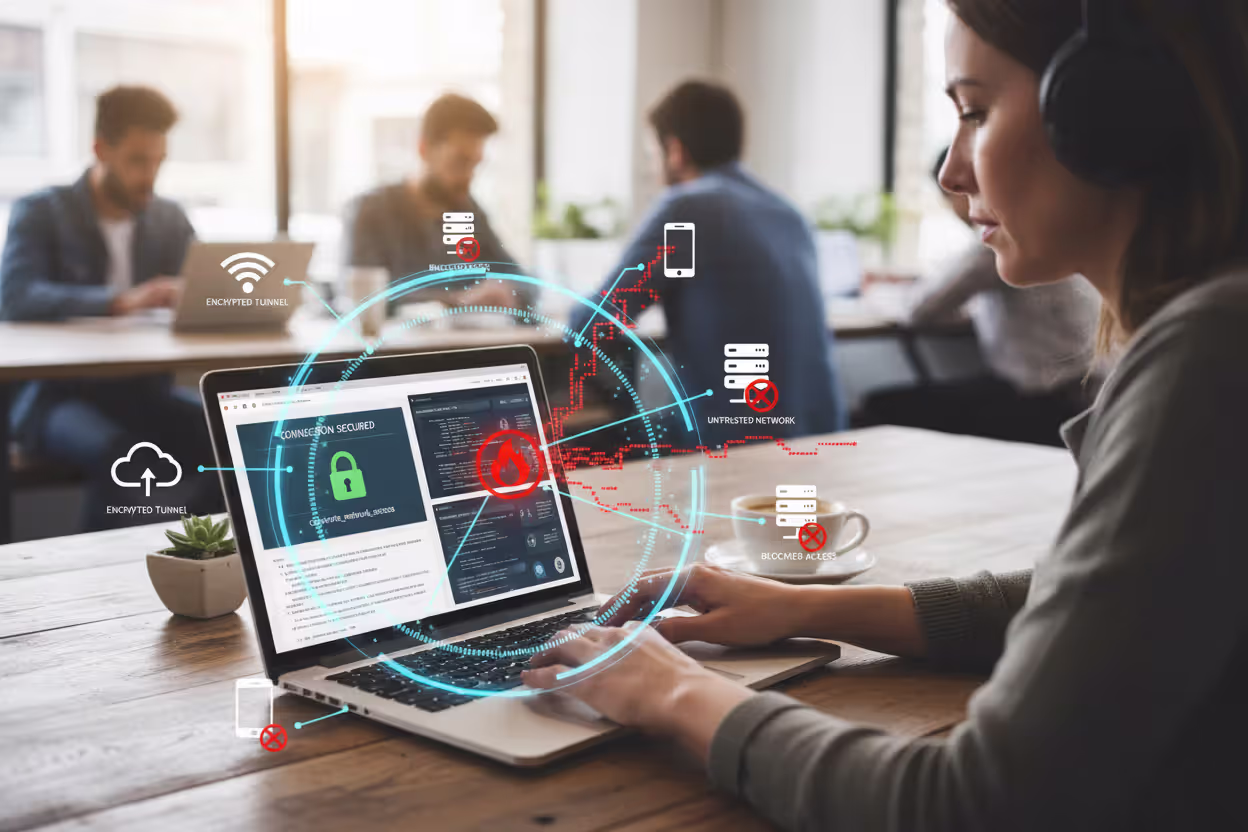 Remote worker protected by endpoint firewall outside the office