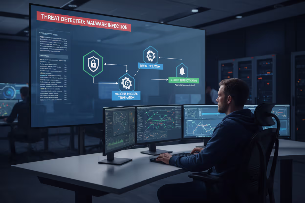Security operations dashboard showing automated endpoint threat response