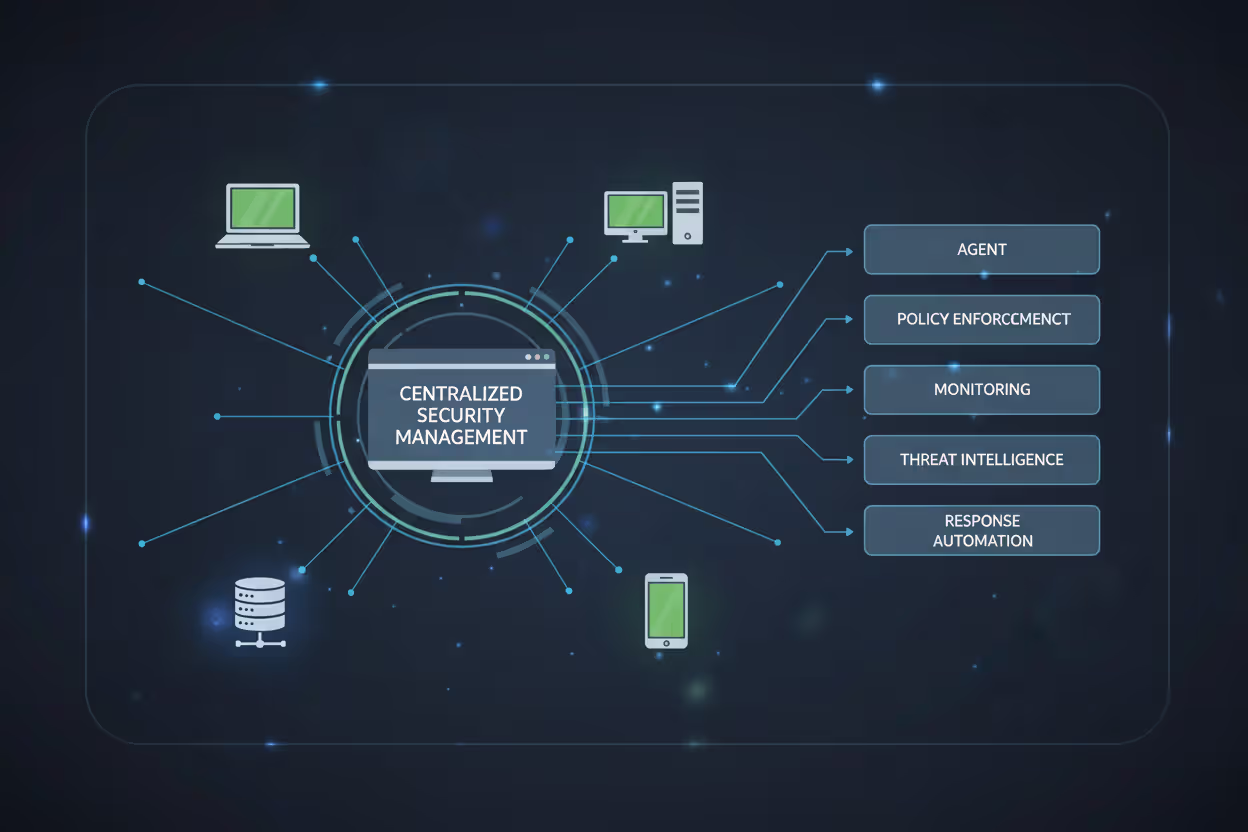 Diagram of endpoint security architecture connecting devices to centralized management