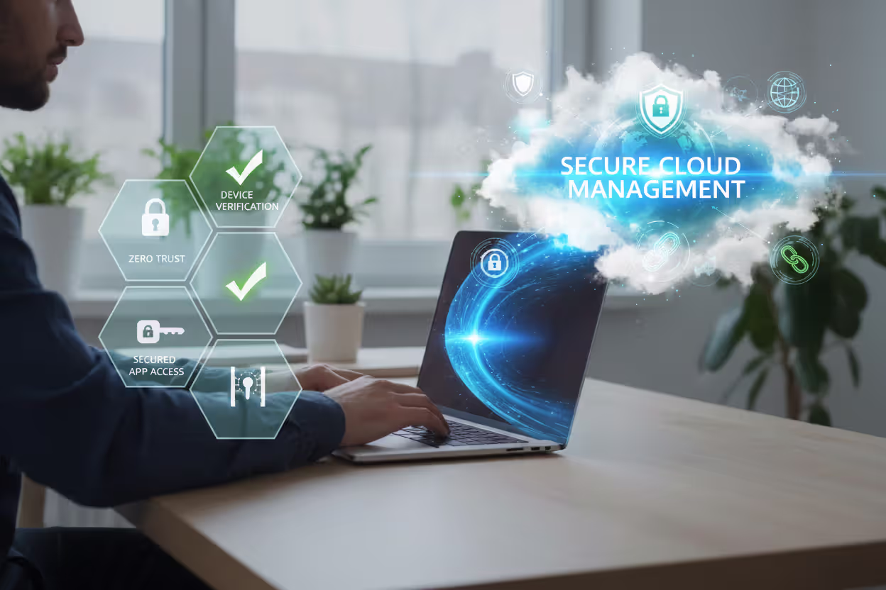 Remote employee protected by cloud-based endpoint security platform