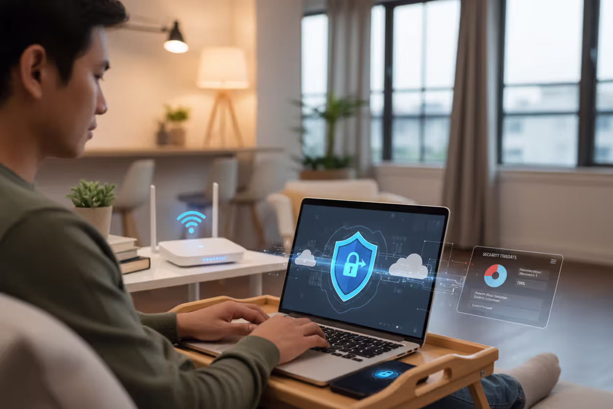 Remote employee using a secured laptop and phone from home