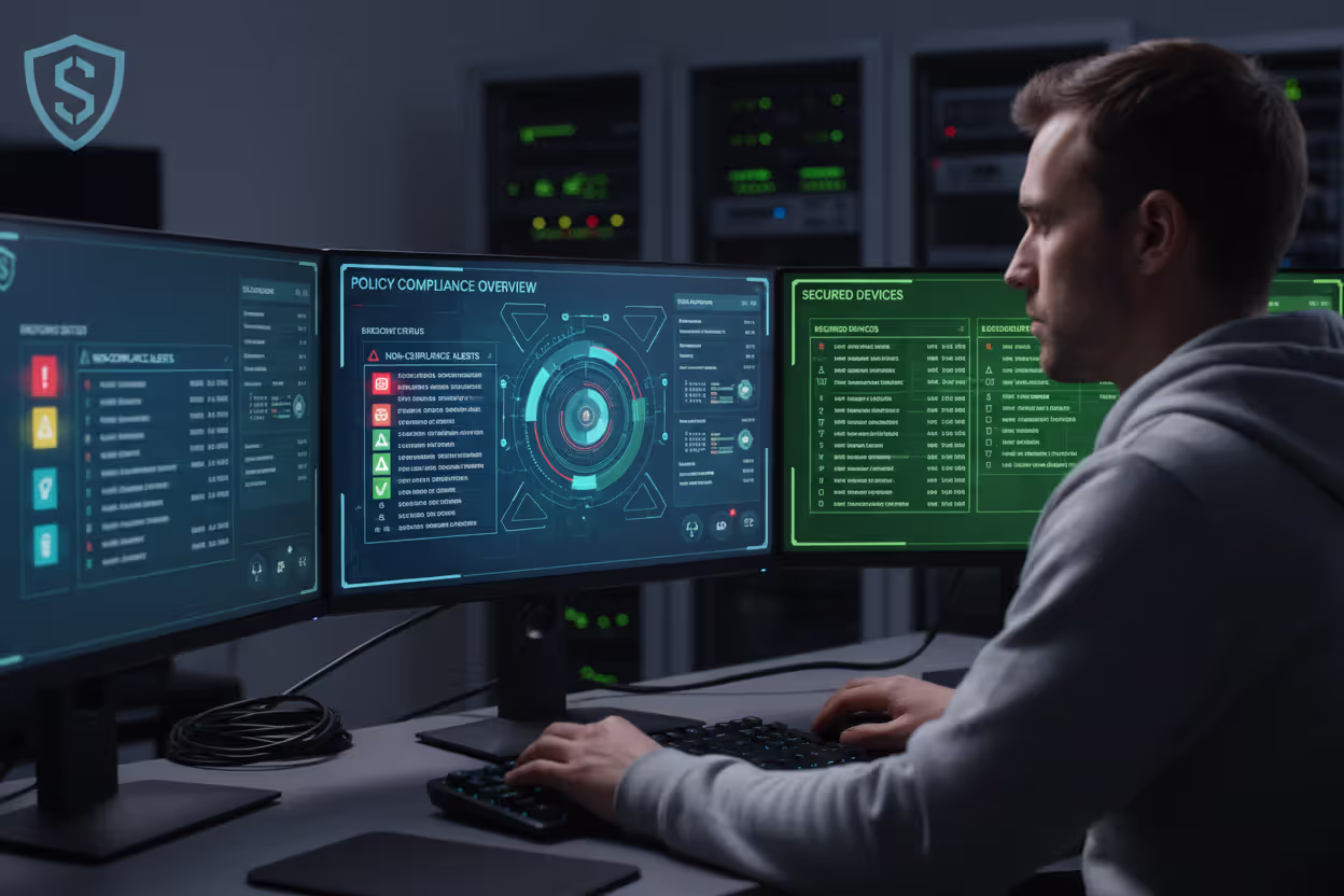 Security analyst monitoring endpoint compliance dashboard