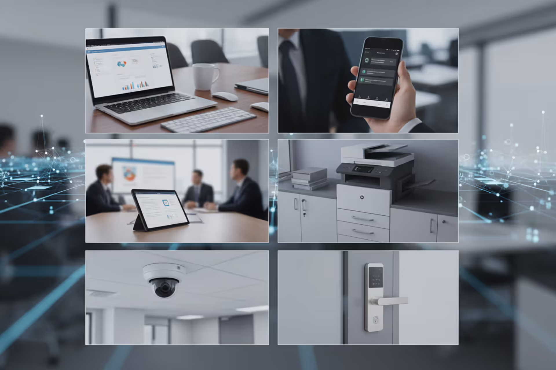 Corporate network endpoints including laptop, smartphone, tablet, printer, camera, and smart lock