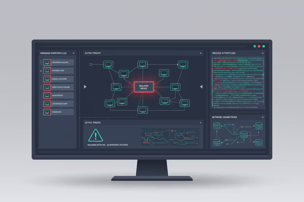 Security analyst dashboard showing endpoint monitoring and isolated device alert