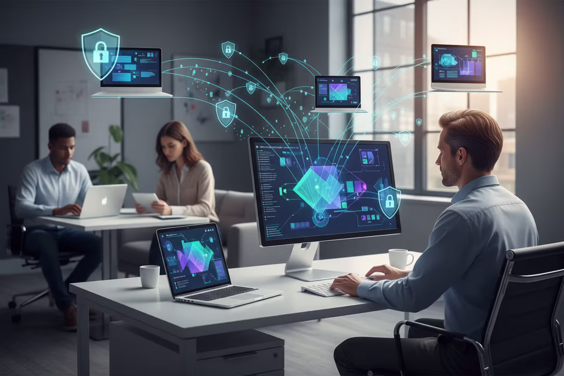 Remote employees using laptops, phones, and tablets protected by endpoint security