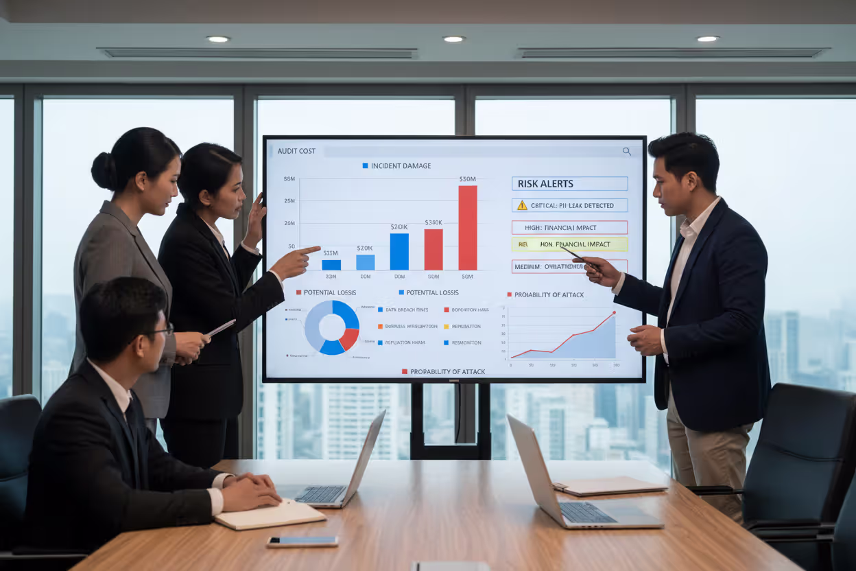 Business team reviewing cyber breach costs and audit risk analysis