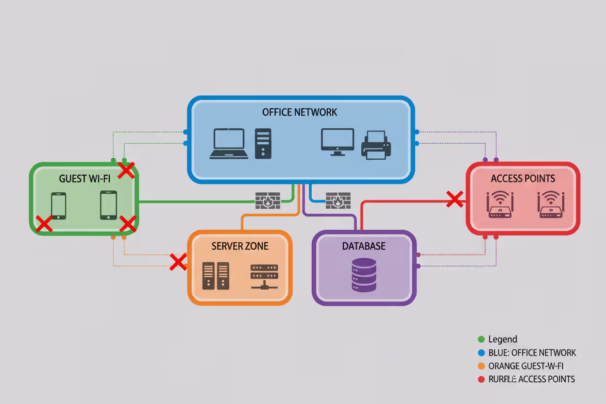 Segmented corporate network with separate guest, office, and server zones