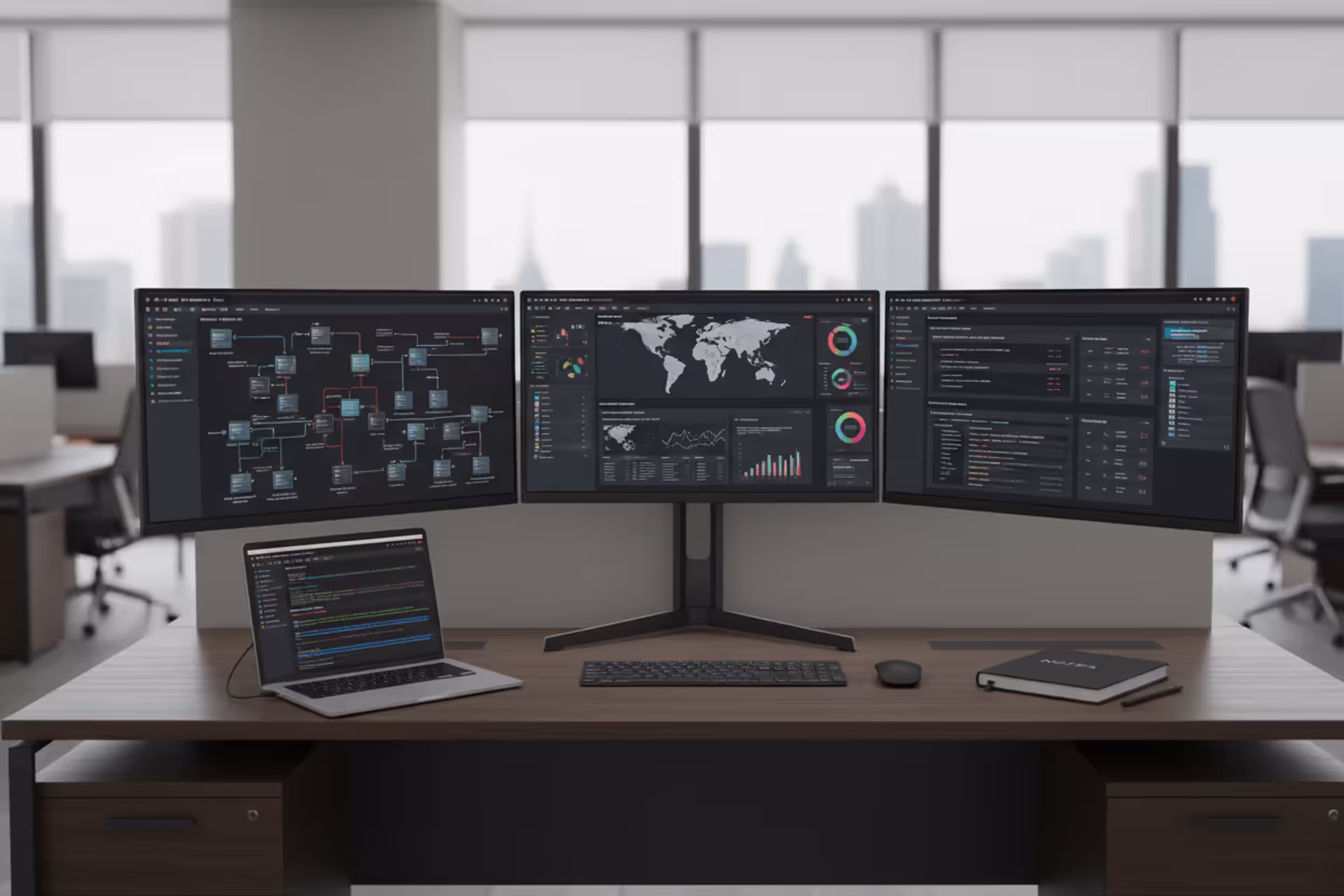Cybersecurity audit workspace with security dashboards and network review screens