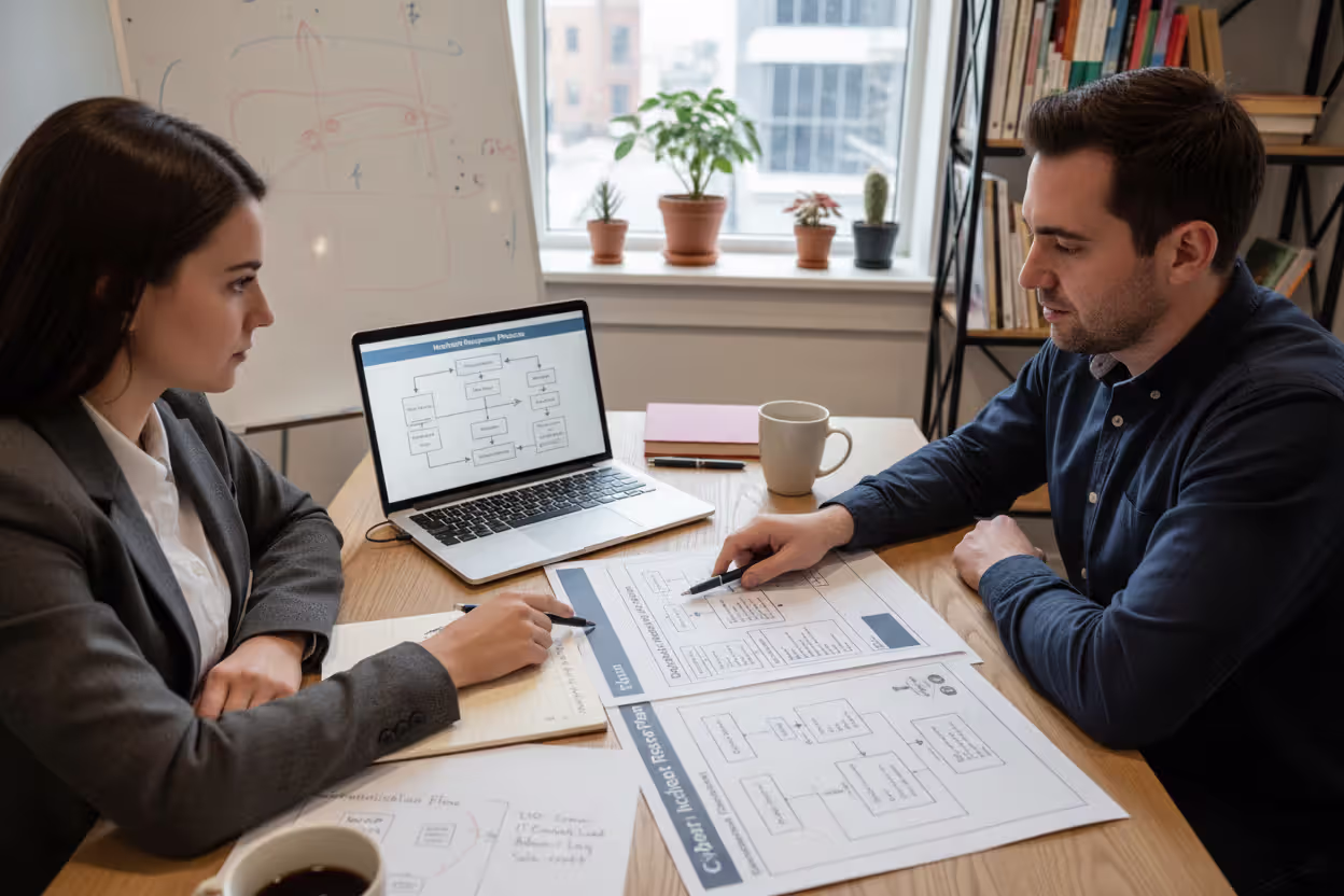 Small business owner reviewing an incident response plan with an IT advisor