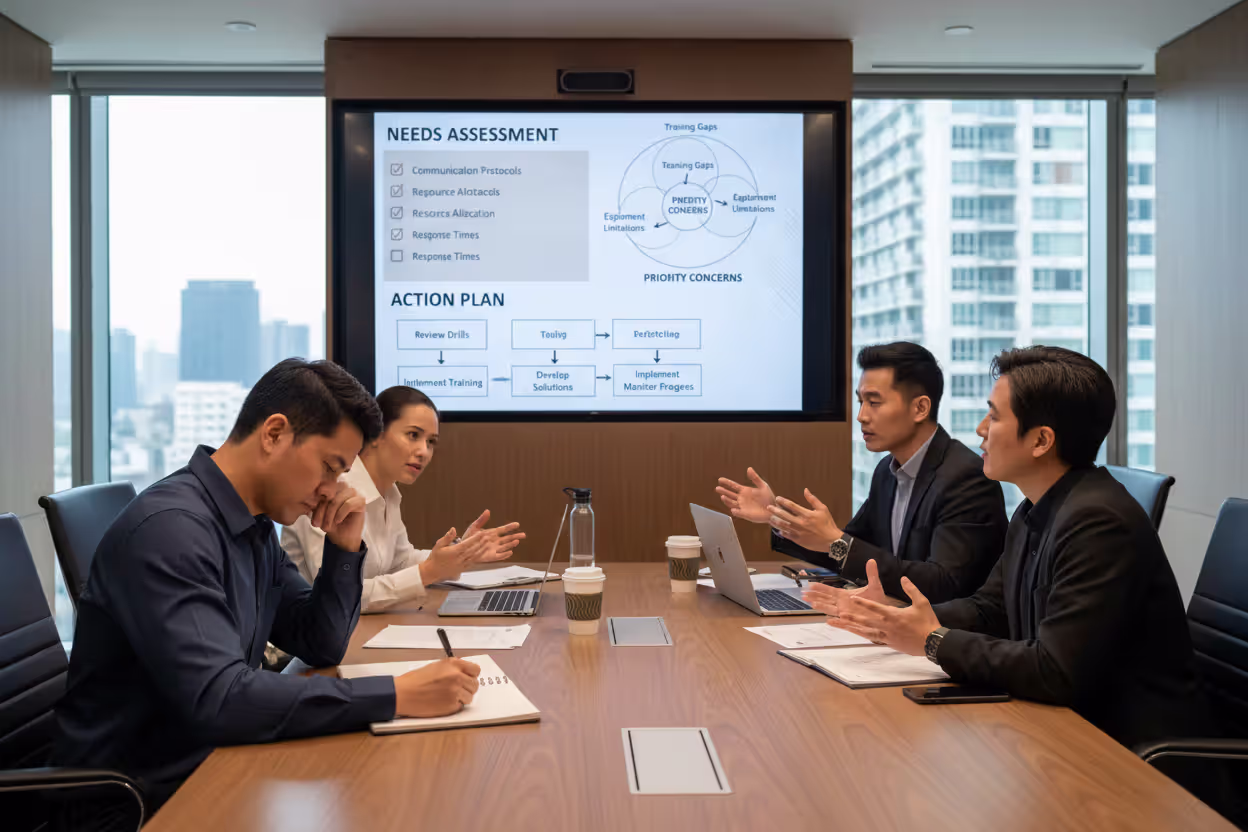 Team reviewing tabletop exercise findings and documenting action items