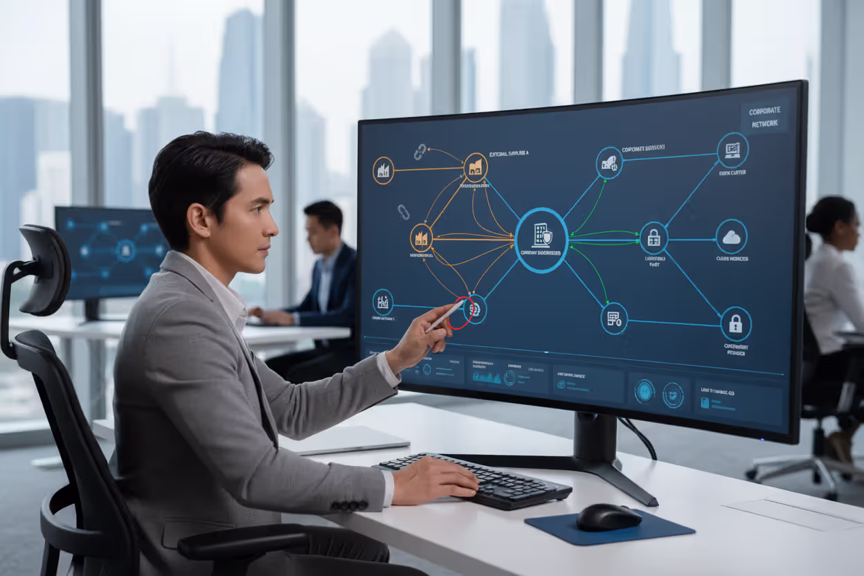 Security analyst reviewing third-party vendor risk connections