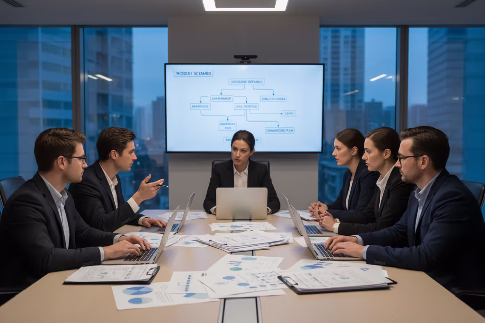Cybersecurity team conducting a tabletop exercise in a conference room