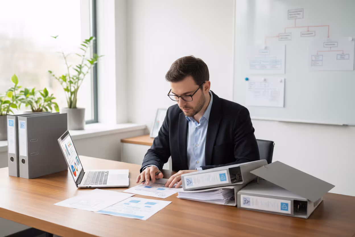 Healthcare compliance officer reviewing security policies