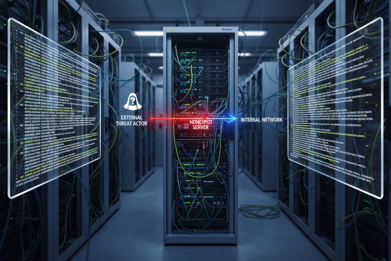 Network diagram showing an attacker interacting with a honeypot decoy server