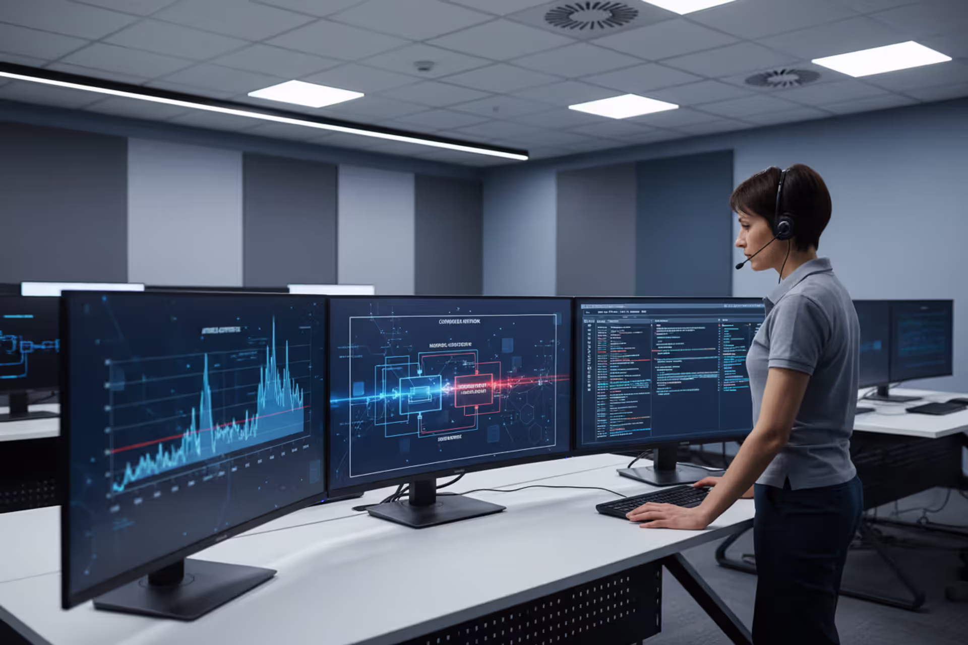 Cybersecurity analyst monitoring a honeypot decoy inside a corporate network
