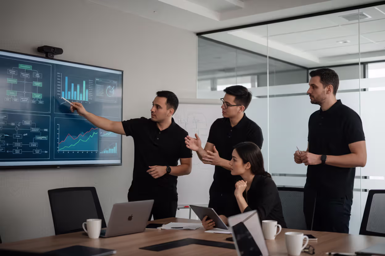 Security team reviewing red team findings in a meeting room
