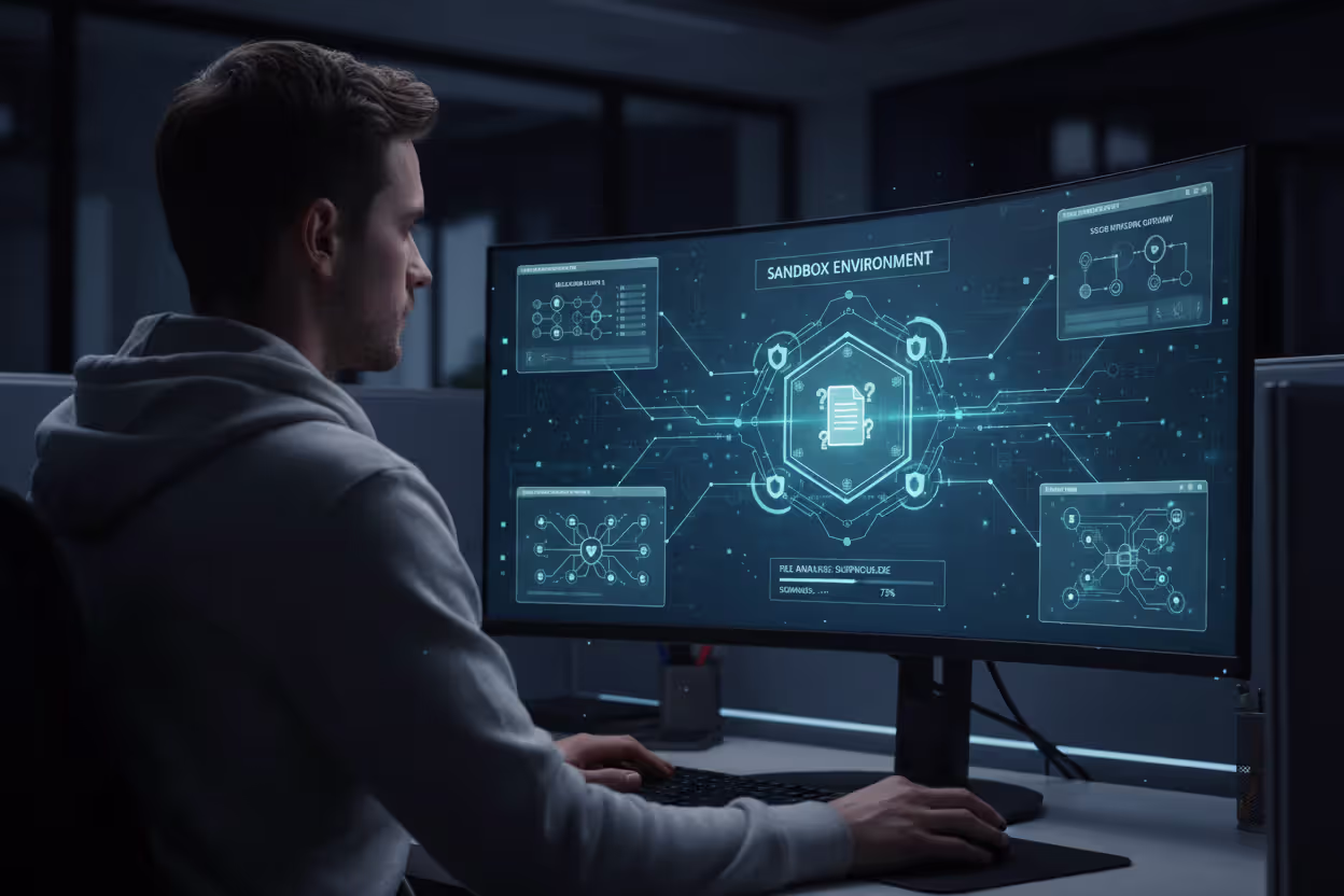 Security analyst reviewing a suspicious file in an isolated sandbox environment