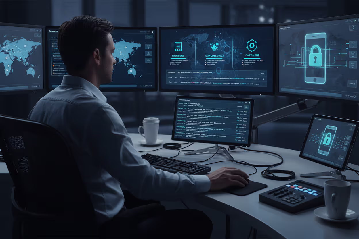 IT administrator managing mobile security incidents from a central dashboard