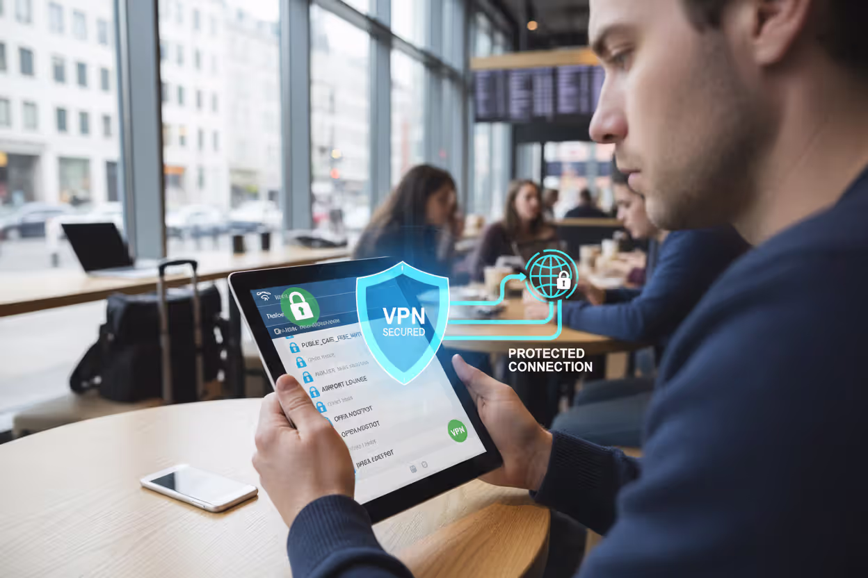 User connecting a mobile device to public Wi-Fi with security protection enabled