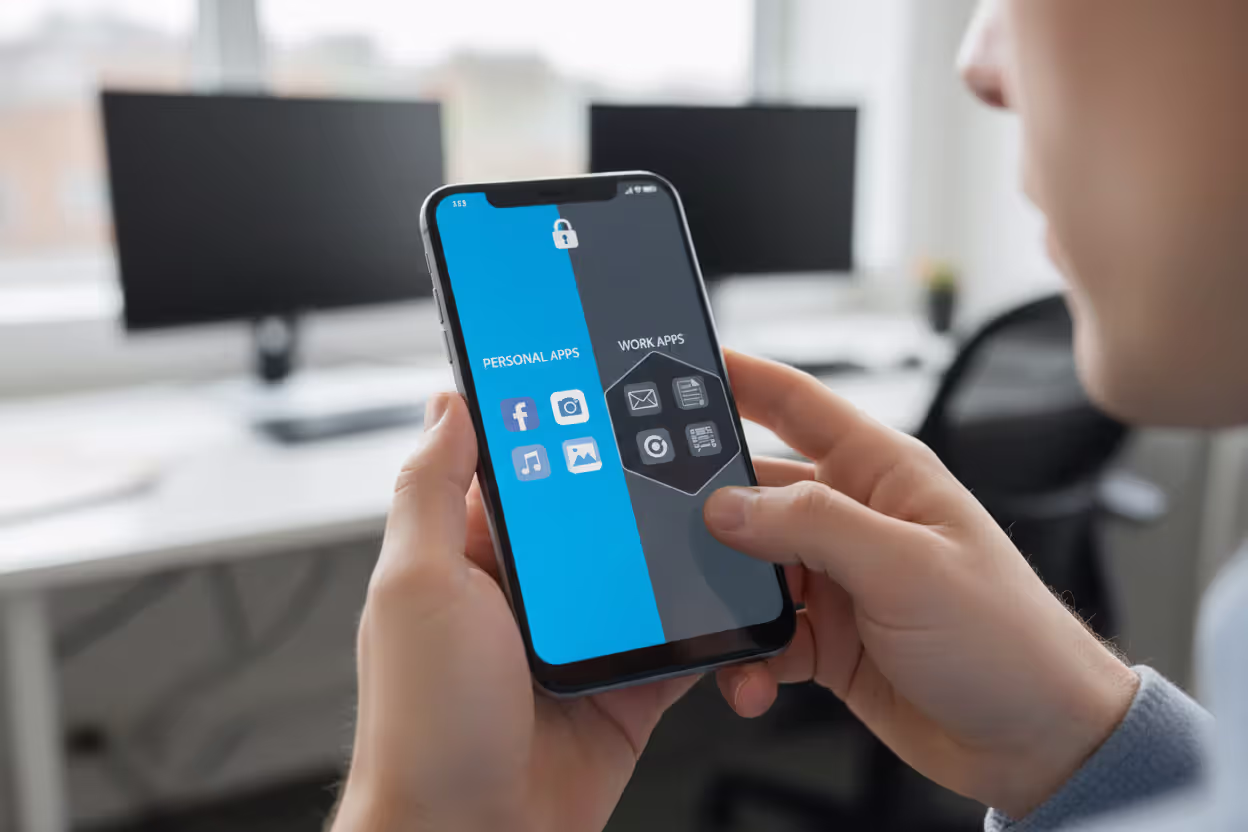 Personal smartphone with separated work container and personal apps for BYOD security