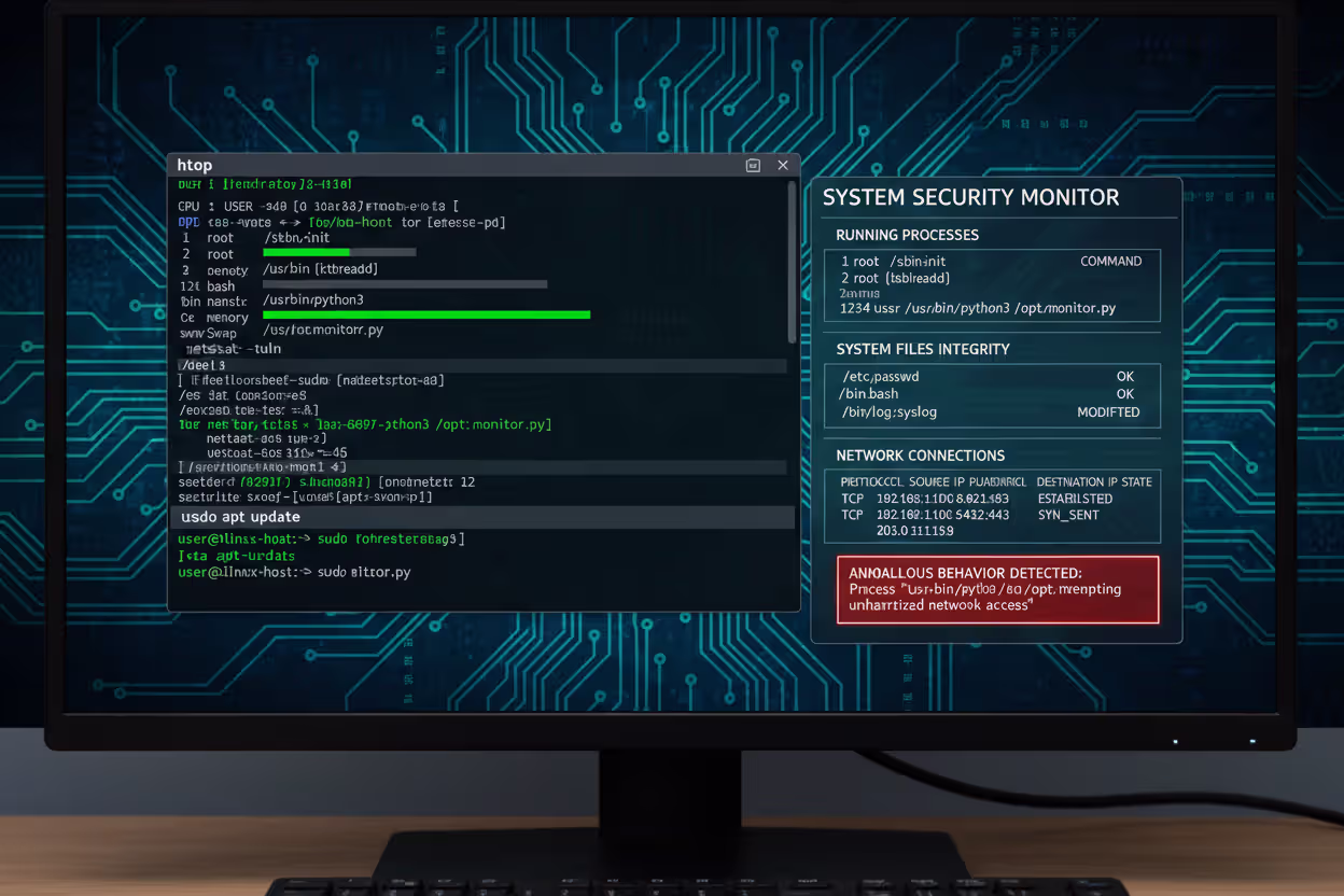 Linux endpoint monitoring dashboard detecting anomalous behavior