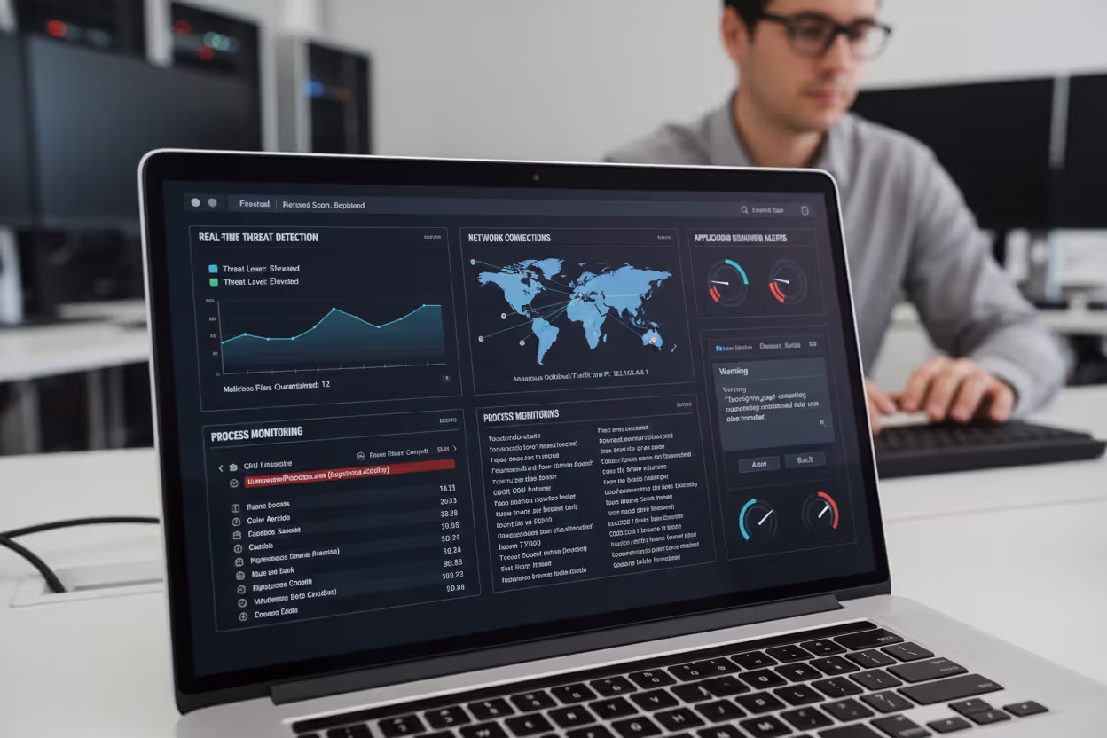 Real-time endpoint protection dashboard on a MacBook