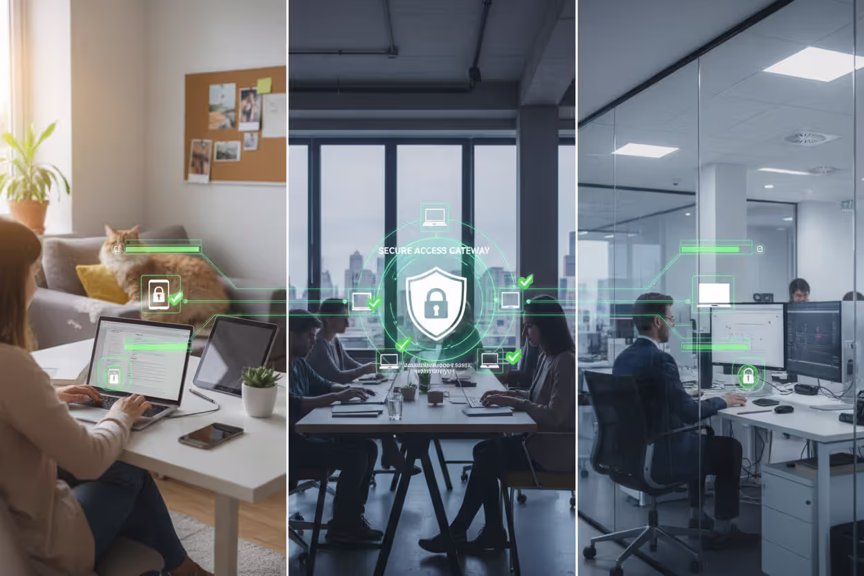 Distributed remote team accessing company resources through endpoint security VPN