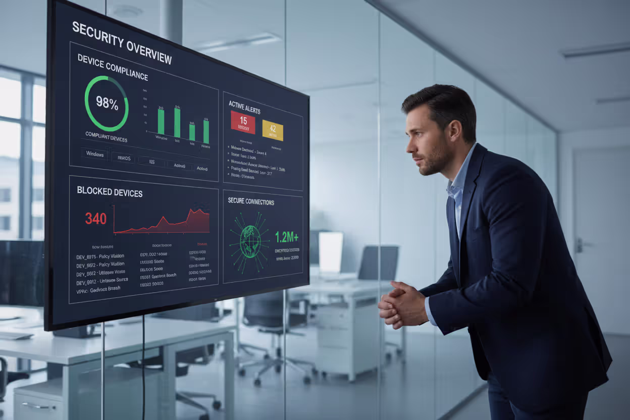 Security administrator dashboard showing endpoint compliance and VPN access status