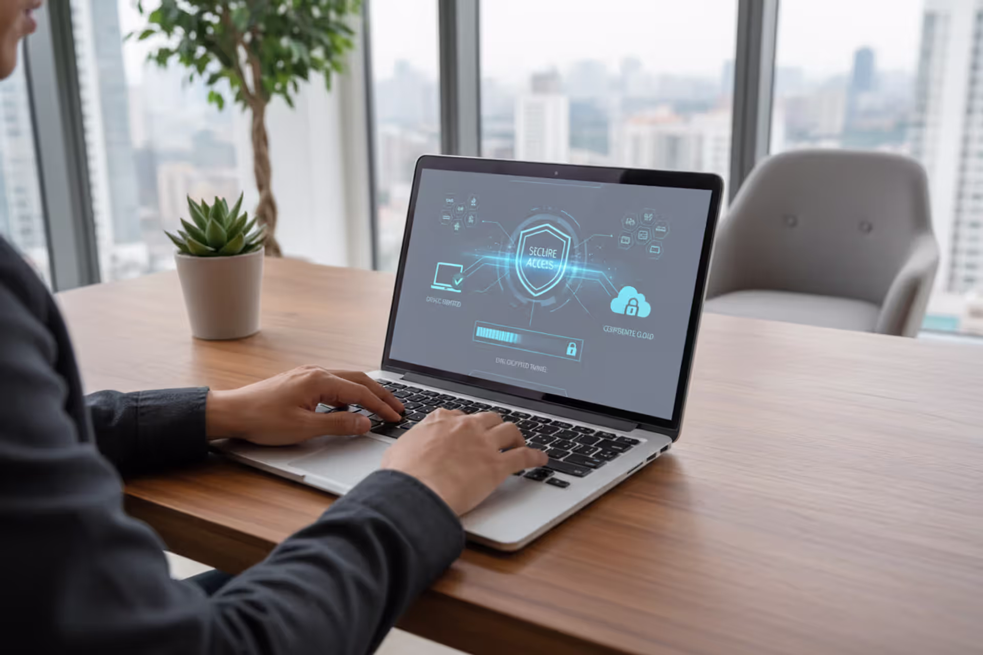 Remote employee using a laptop with secure VPN and endpoint protection concept
