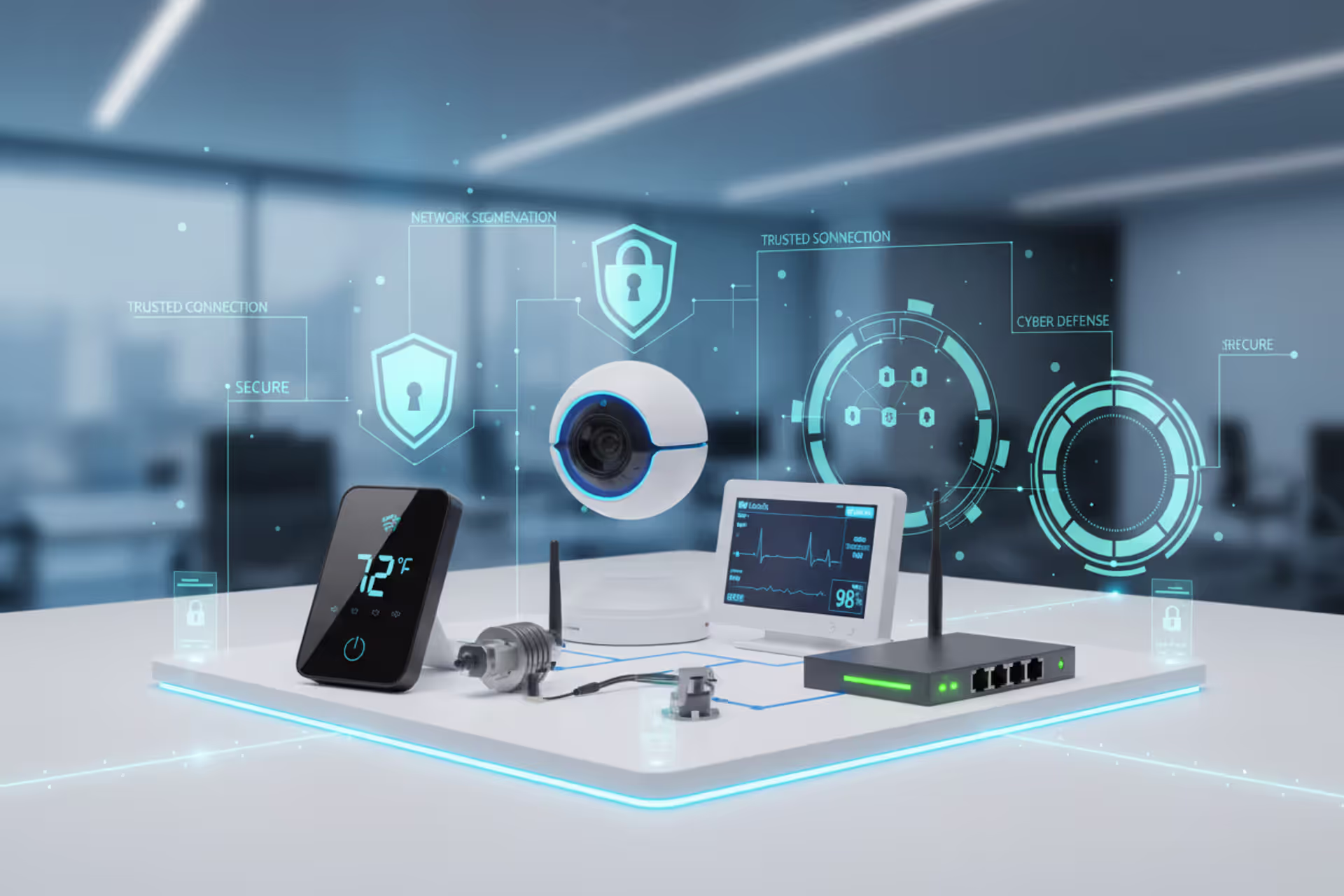 IoT devices protected by cybersecurity layers in a connected network