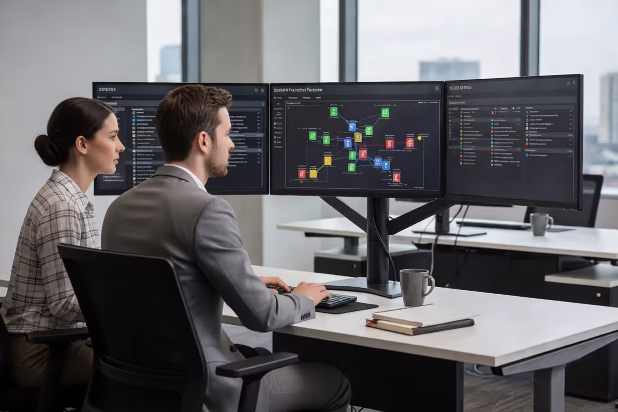 IT team reviewing endpoint protection dashboard and security policies