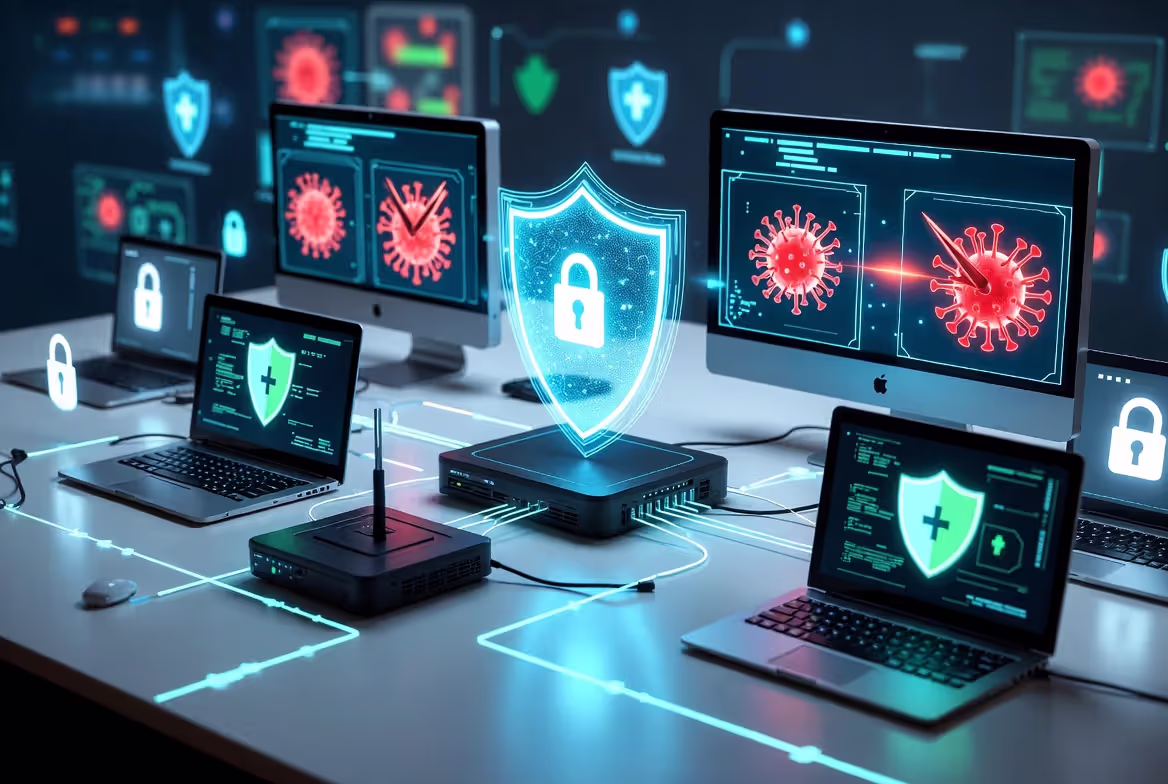 Small business network protected by firewall and endpoint security tools