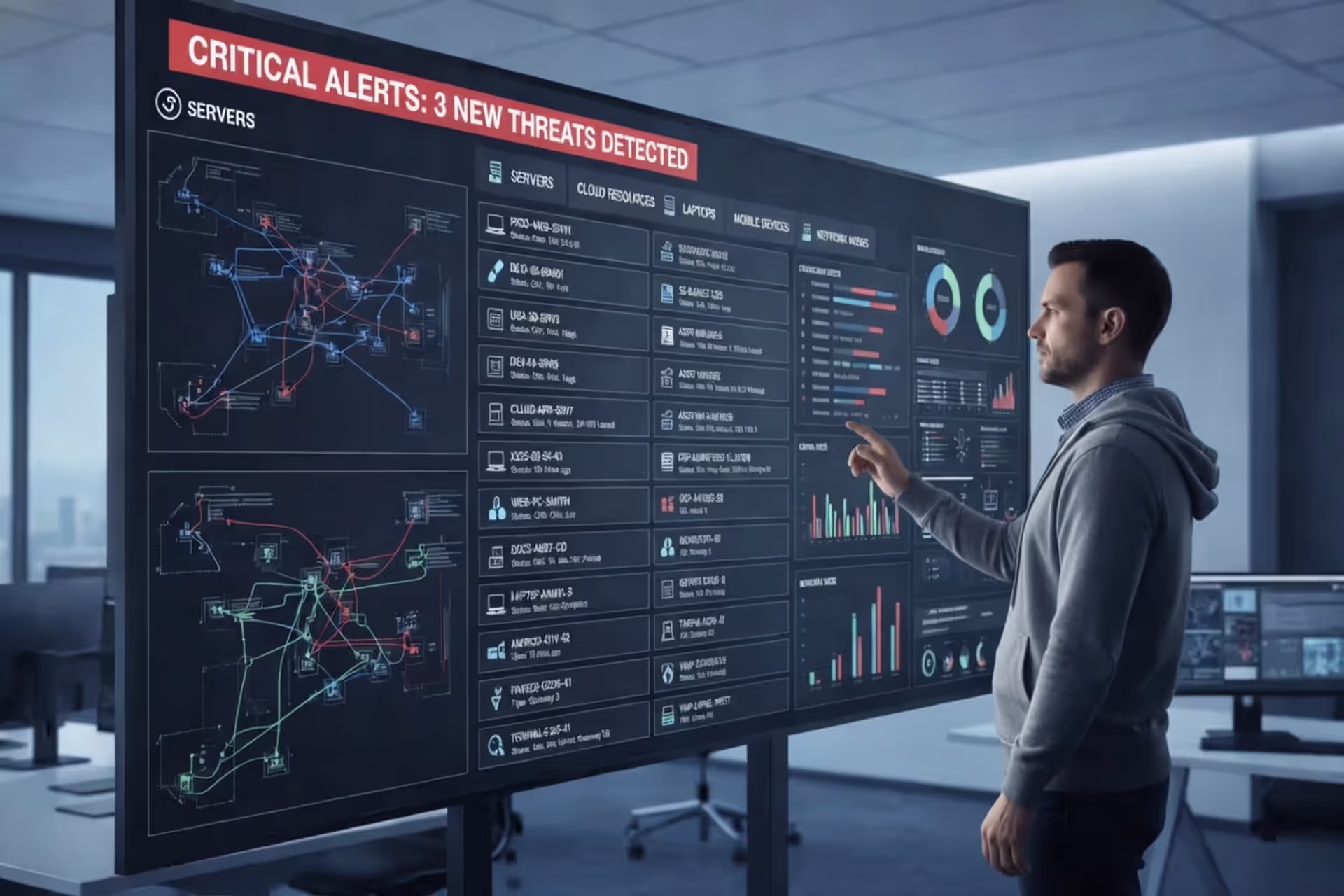Cybersecurity analyst reviewing a digital asset inventory dashboard